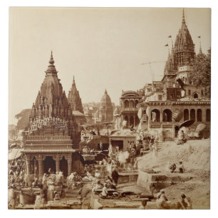 Vishnu Pudおよび他の寺院、Benares (セピア色の写真 タイル