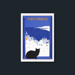 Visit Greece, Santorini Island Vintage Travel キャンバスプリント<br><div class="desc">レプロ高品質アート・デコのポスター広告はギリシャへの観光を促進し、青と白のサントリーニ島の風景を開いた窓を通して、シルエットの猫が窓枠に座って眺めを楽しんで魅力的いるプリント!</div>
