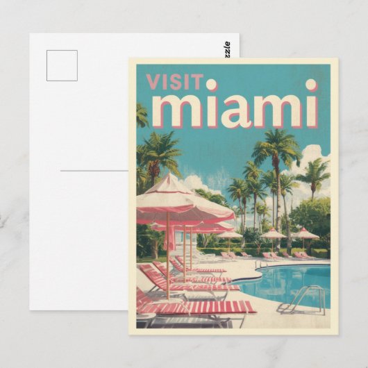 Visit Miami Retro Poolside Travel Art ポストカード (正面/裏面)