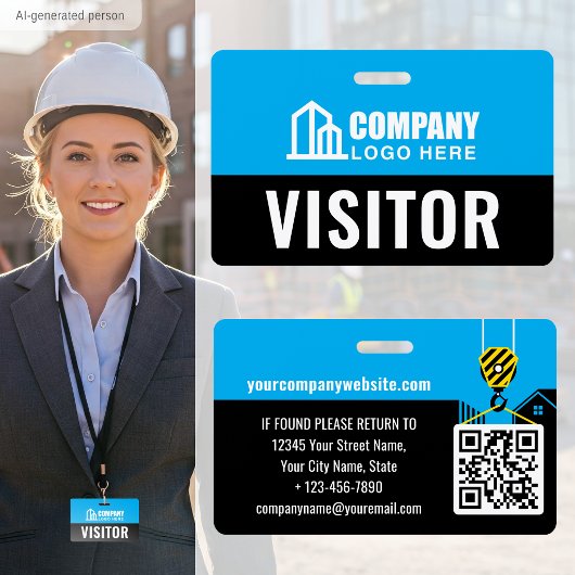 Visitor Pass ID ロゴ 建設現場 青 カスタム バッジ