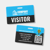 Visitor Pass ID ロゴ 建設 QRコード 青 バッジ (正面&裏面)
