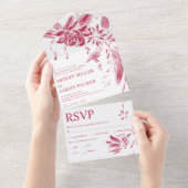 Vivaマゼンタとホワイトラインのアートの結婚花 オールインワン招待状 (貼ってはがせる)