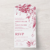 Vivaマゼンタとホワイトラインのアートの結婚花 オールインワン招待状 (内側)