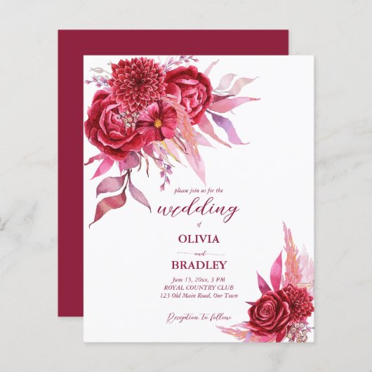 Vivaマゼンタのバーガンディバラ花バジェット招待状 (正面/裏面)