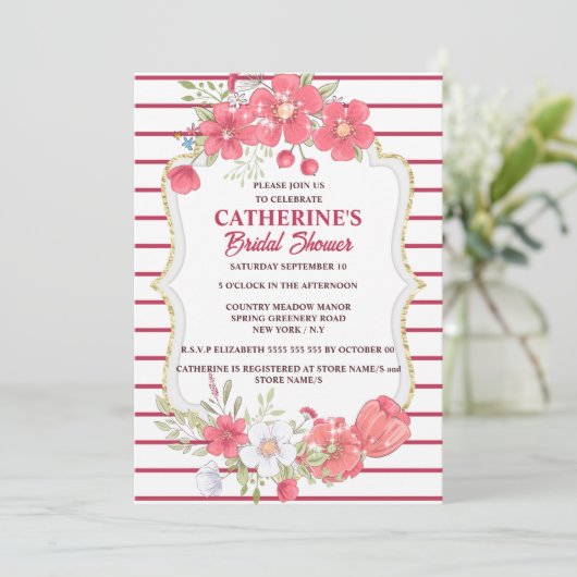 Vivaマゼンタの国の花ブライダルシャワーシック 招待状 (スタンド正面)