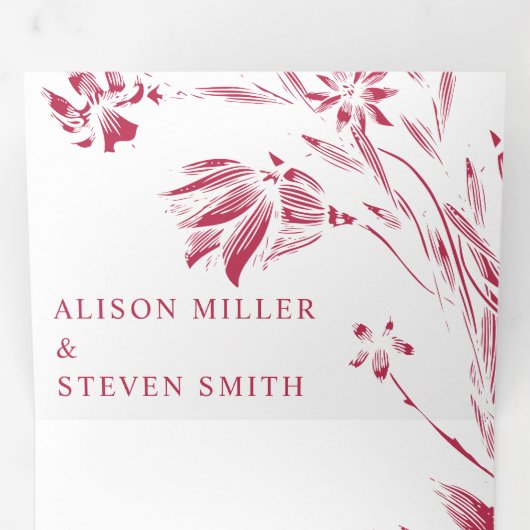 Vivaマゼンタピンクのラインアートの花結婚写真 三つ折り招待状 (内部最初)