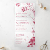 Vivaマゼンタピンクのラインアートの花結婚写真 三つ折り招待状 (内部)