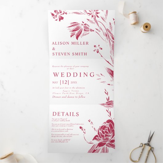 Vivaマゼンタピンクのラインアートの花結婚写真 三つ折り招待状 (内部)