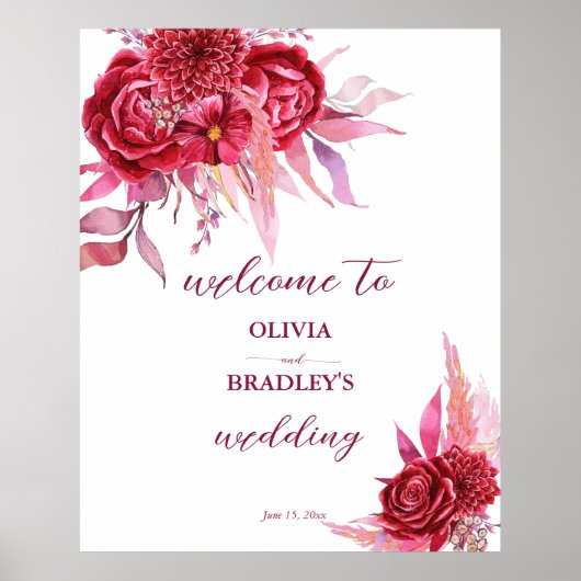 Vivaマゼンタブルゴーニュバラ花ウェルカムサイン ポスター (正面)