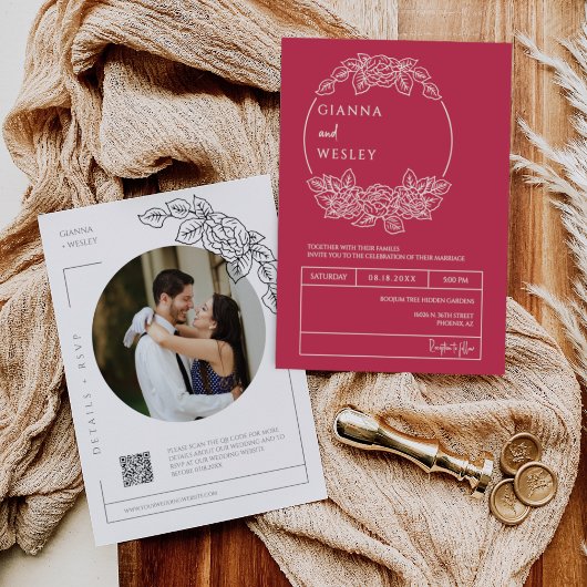 Vivaマゼンタ植物線芸術QRコード写真 招待状