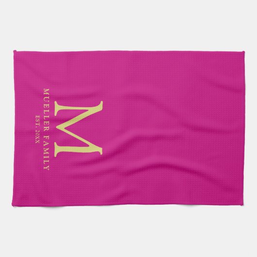 Vivaマゼンダ無地のカラー金ゴールドモノグラムファミリー名 キッチンタオル (横)