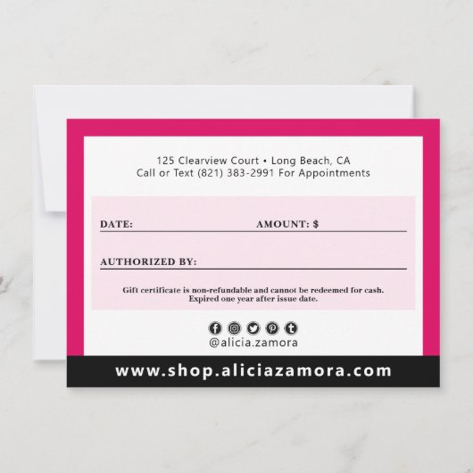 Vivaマゼンモダンタファッションギフト証明書カード 招待状 (裏面)