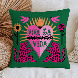 Viva La Vida ピンクハート エメラルドグリーン フォークアート クッション