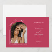 Viva Magenta Boho Arch Photo QRコード日付の保存 招待状 (正面/裏面)