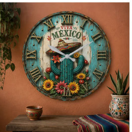 Viva Mexico Cactus Fiesta Farmhouse Art ラージ壁時計
