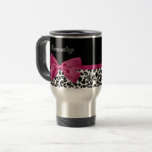 Vivaciousダークピンクリボンレオパード印刷(名前あり) トラベルマグ (正面左)