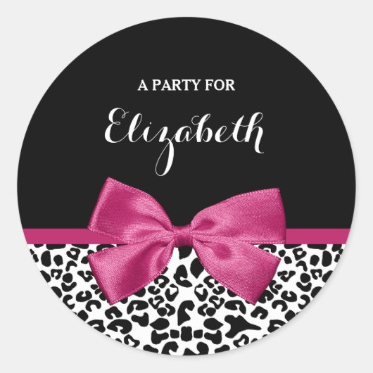 Vivaciousダークピンクリボンレオパード印刷(名前あり) ラウンドシール (正面)