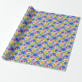 Vivid Blue Yellow Red Purple Flowers Pattern ラッピングペーパー (アンロールド)