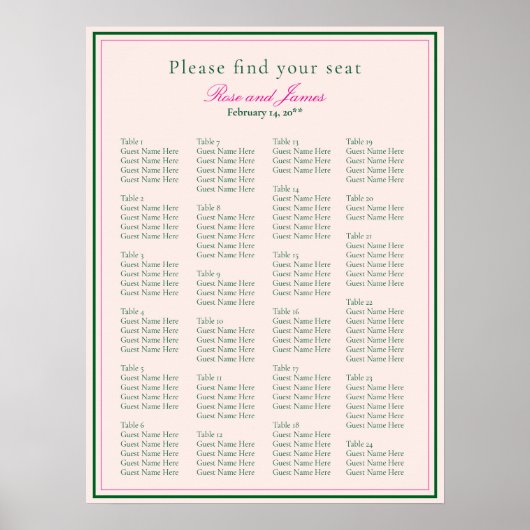 Vivid Pink Wedding Seating Chart ポスター (正面)