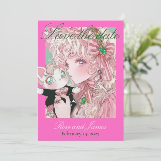 Vivid Pink Y2K Anime Gothic Cat Save the Date (スタンド正面)