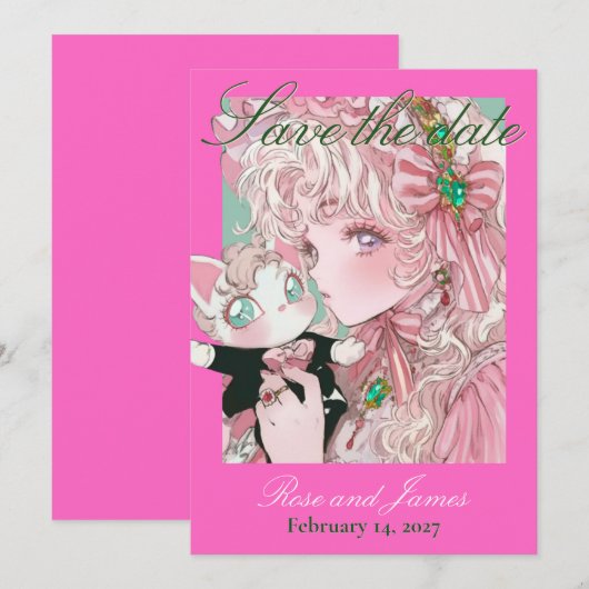 Vivid Pink Y2K Anime Gothic Cat Save the Date (正面/裏面)