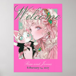 Vivid Pink Y2K Anime Gothic Cat Wedding ポスター