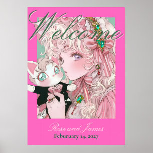 Vivid Pink Y2K Anime Gothic Cat Wedding ポスター