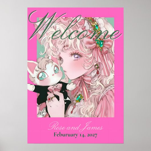 Vivid Pink Y2K Anime Gothic Cat Wedding ポスター (正面)
