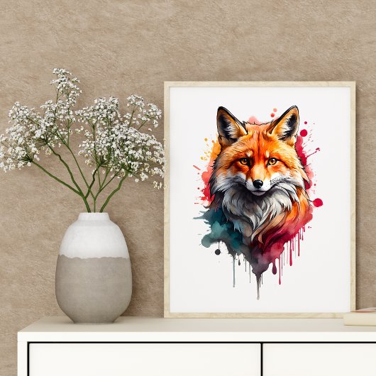 Vivid Red Fox Watercolor Splash Wall Art ポスター