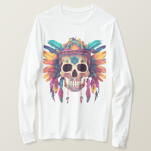 Vivid Skull & Feathers: Psychedelic Digital Art T Tシャツ (デザイン正面)