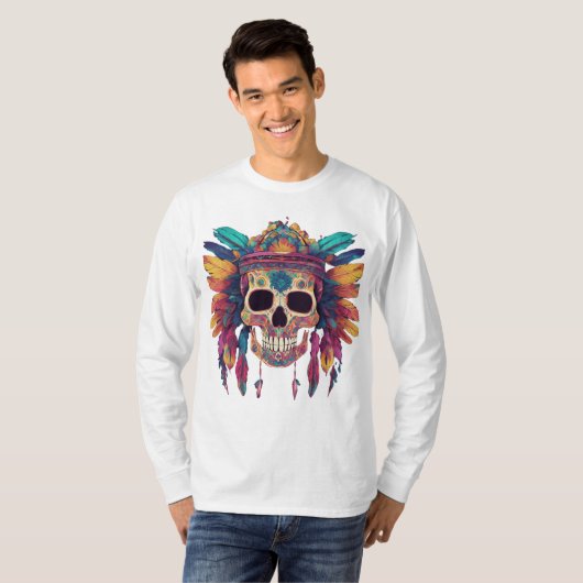 Vivid Skull & Feathers: Psychedelic Digital Art T Tシャツ (正面フル)