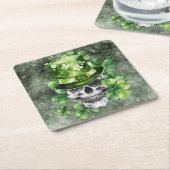 Vivid Skull with Green Hat Illustration スクエアペーパーコースター (アングル)