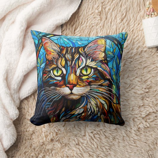 Vivid Tabby Cat Stained Glass Style クッション (ブランケット)