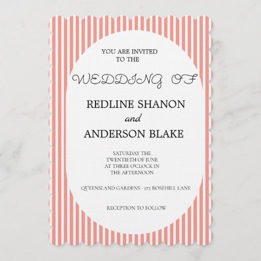 Vivid Tangerine Blush Striped Elegant Wedding 招待状 (正面)