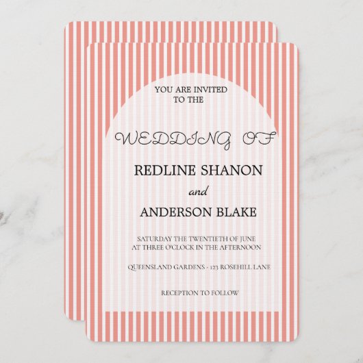 Vivid Tangerine Blush Striped Elegant Wedding 招待状 (正面/裏面)