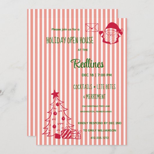 Vivid Tangerine stripped Holiday Open House  招待状 (正面/裏面)