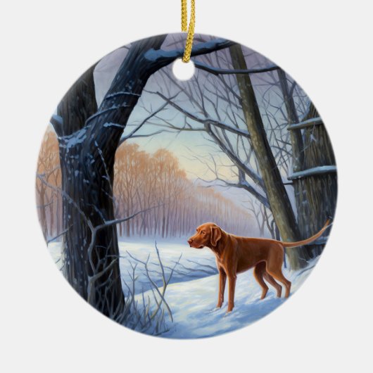 Vizla 雪が降るクリスマス セラミックオーナメント (正面)