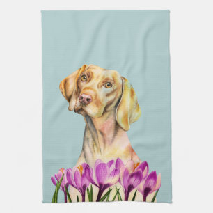 Vizslaの犬およびクロッカスの花の水彩画 キッチンタオル