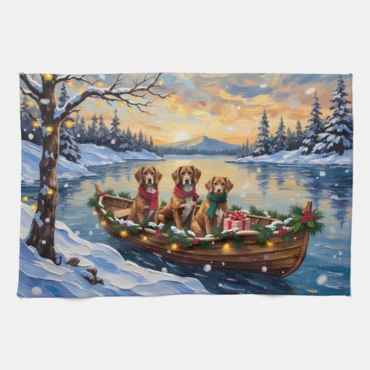 Vizsla Christmas Boat Holiday キッチンタオル (横)