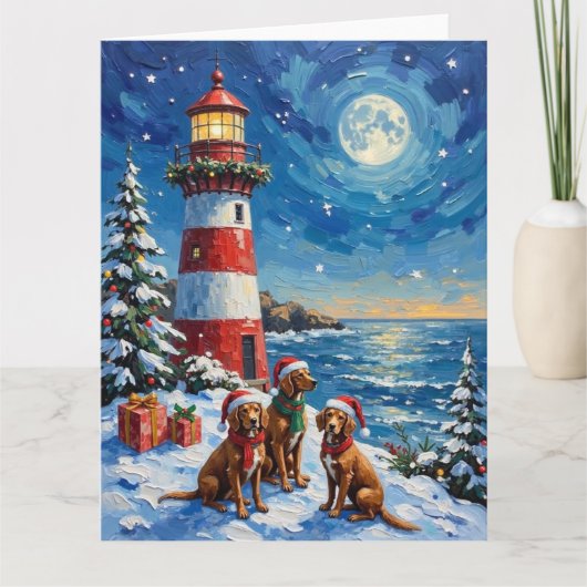 Vizsla Christmas Lighthouse Holiday カード (正面)