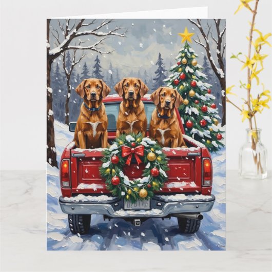 Vizsla Christmas Red Truck Holiday カード (黄色い花)