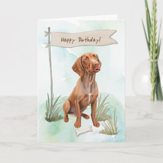 Vizsla Dog Breed Outdoors Under Birthday Sign カード (正面)