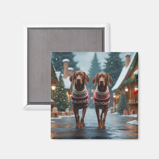 Vizsla Dogs Christmas Snow Holiday マグネット (正面/裏面)