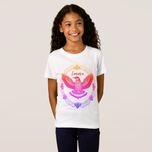 Vogel im Mandala Farbverlauf Regenbogen Tシャツ (正面フル)