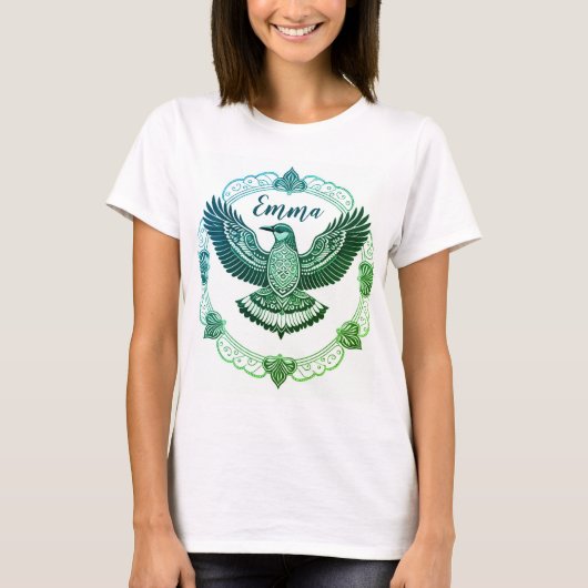 Vogel im Mandala Farbverlauf türkise-grün Tシャツ (正面)