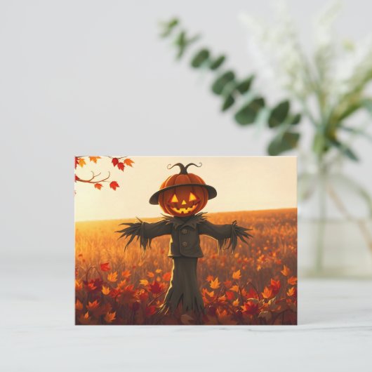 Vogelscheuche mit Kürbiskopf im Herbst ポストカード (スタンド正面)