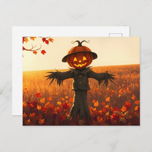 Vogelscheuche mit Kürbiskopf im Herbst ポストカード (正面/裏面)