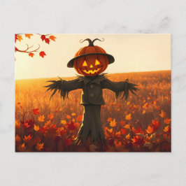 Vogelscheuche mit Kürbiskopf im Herbst ポストカード