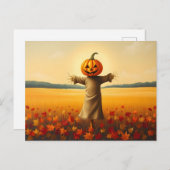 Vogelscheuche mit Kürbiskopf im Herbst Laub ポストカード (正面/裏面)