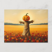 Vogelscheuche mit Kürbiskopf im Herbst Laub ポストカード (正面)